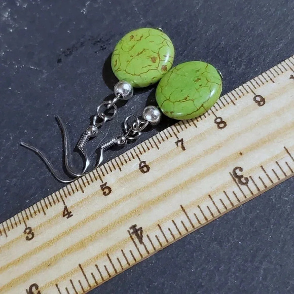 Handcrafted Silver and Green Magnesite Gemstone Puffed Coin Dangle Earrings - Picture 7 of 7